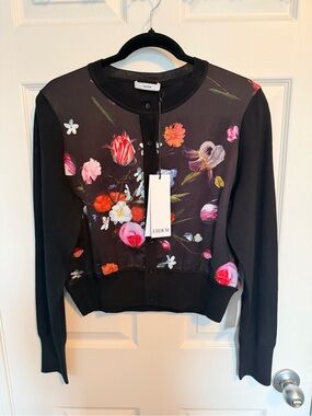 ERDEM Black Floral Button-Front Cardigan with Red and Pink Blooms